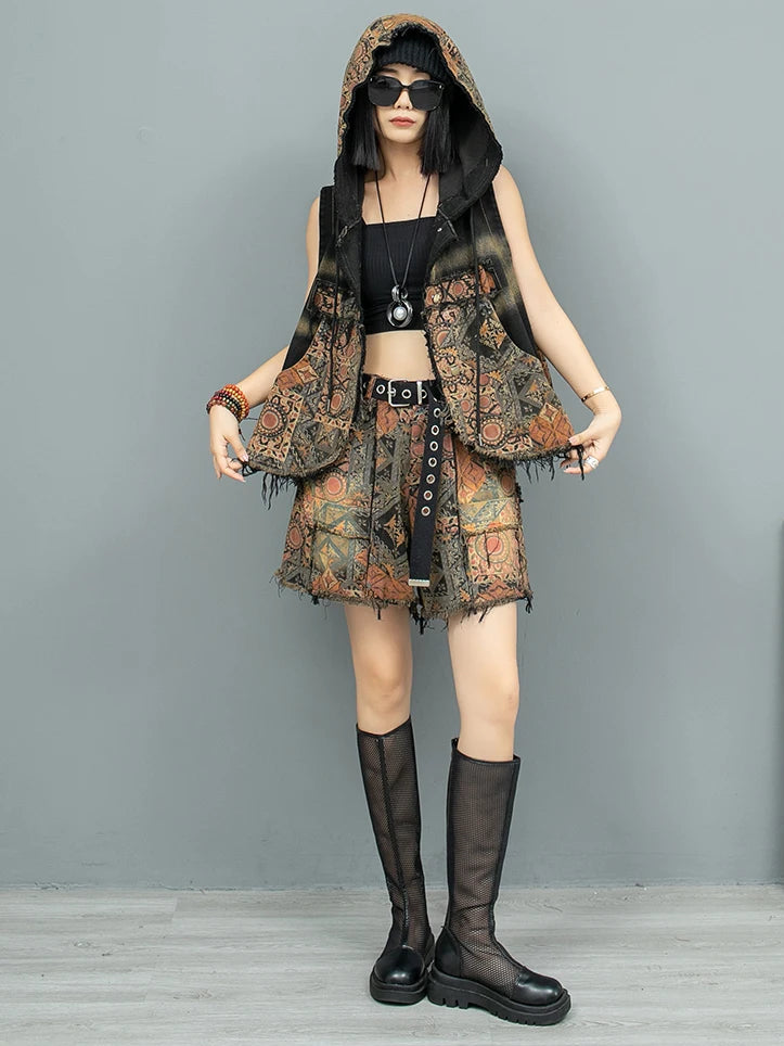 Blue Moon Fashion Women's Suit Personality Distressed Printed Denim Two-piece Set