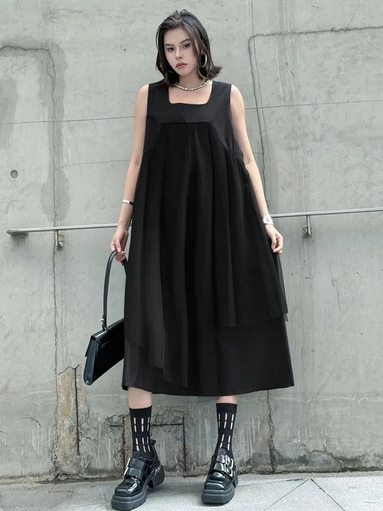 Blue Moon Fashion Gray Mesh Color-block Big Size Midi Vest Dress