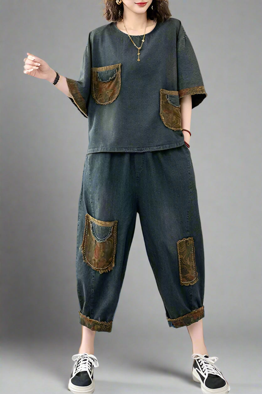 Blue Moon Fashion Women Printed Denim 2 Pieces Sets A12