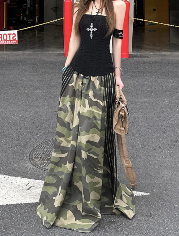 Blue moon Fashion Retro Camouflage Print Casual Long Skirts
