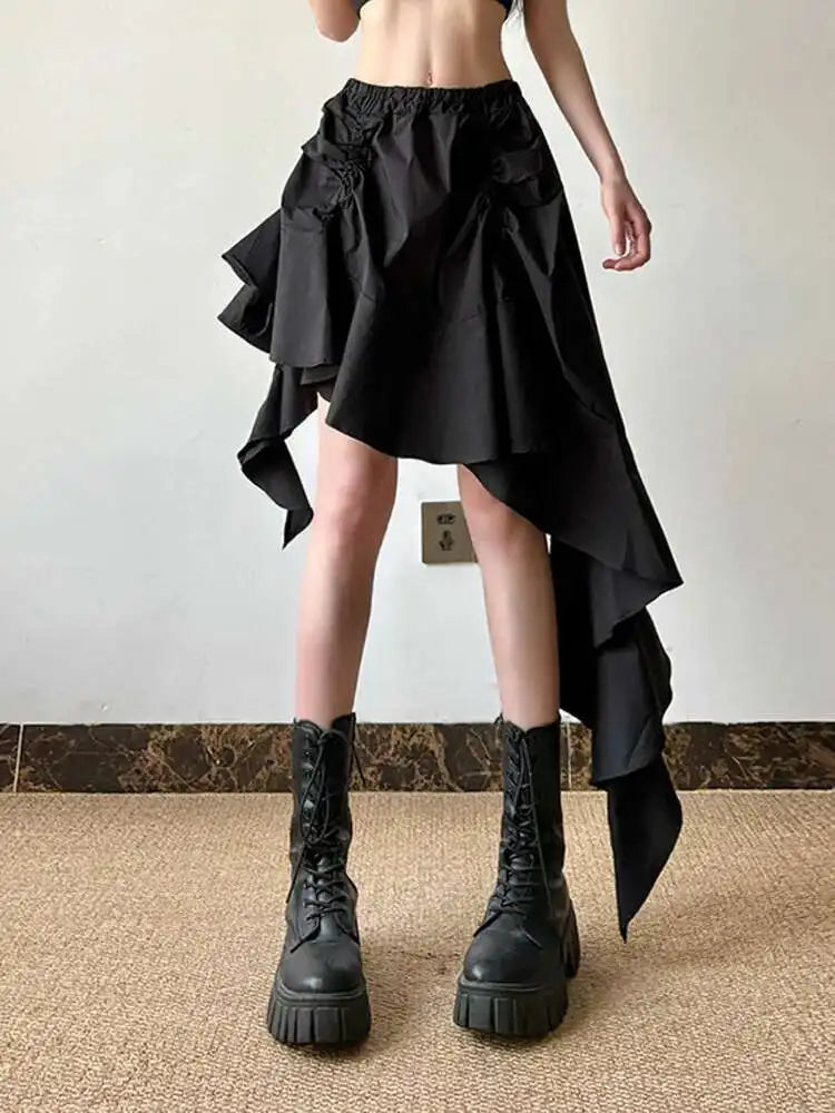 Black KN Irregular Design Ruffles Skirt