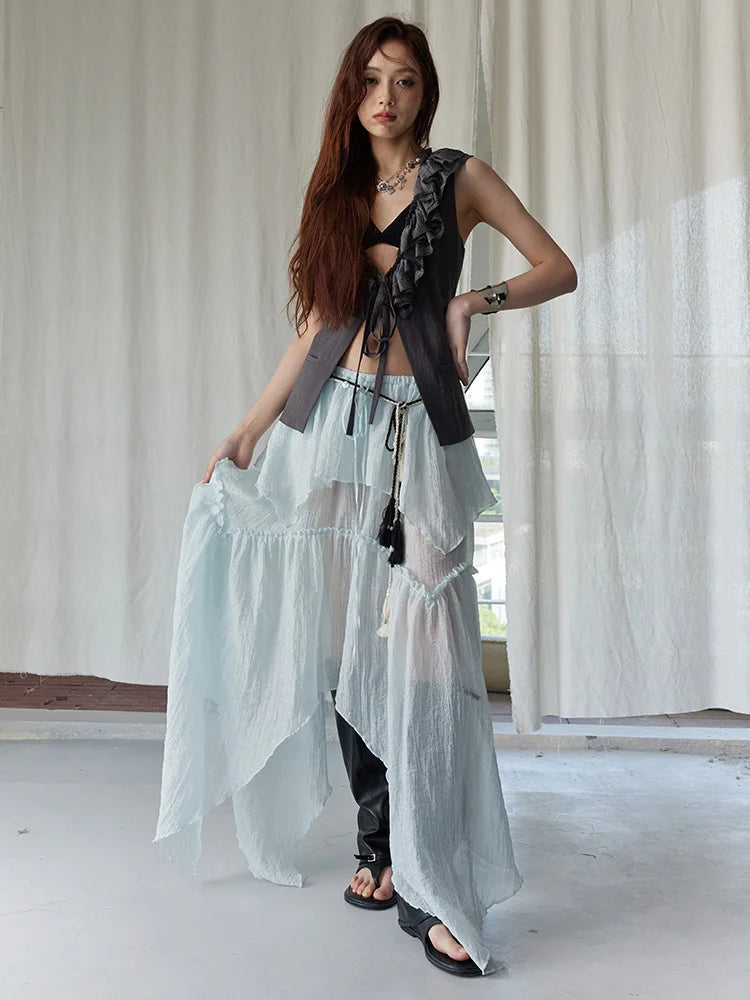 Gray Ruffles Vest & Skirt Set for Women | Blue Moon Fashion House