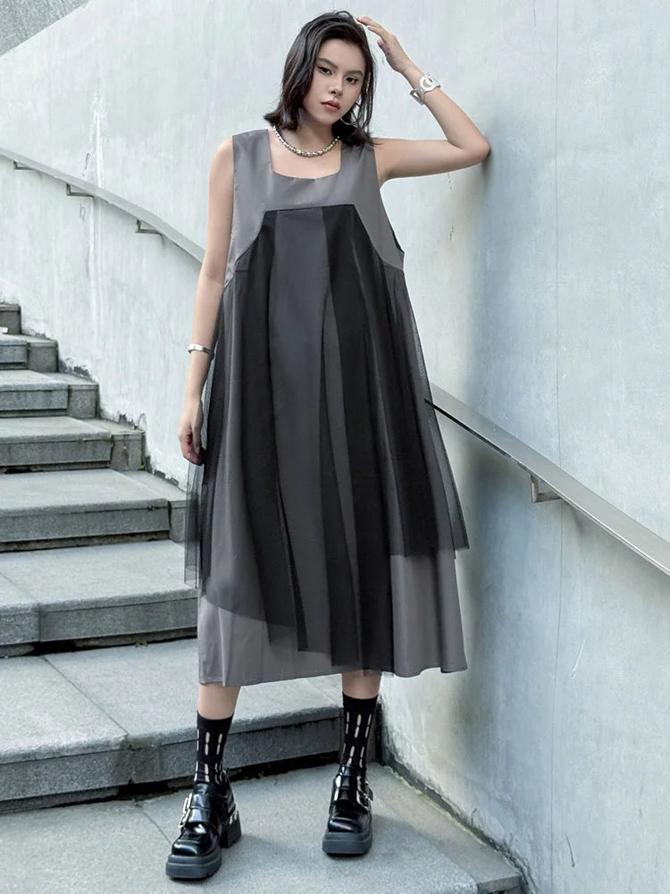 Blue Moon Fashion Gray Mesh Color-block Big Size Midi Vest Dress