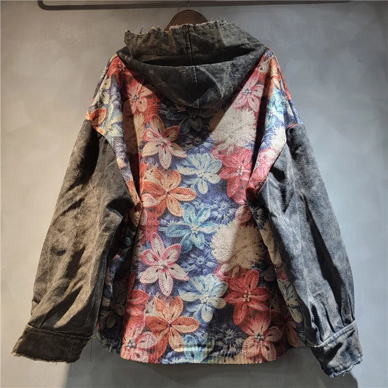 Blue Moon Fashion Knit Flower Print Spliced Denim Hooded Jacket