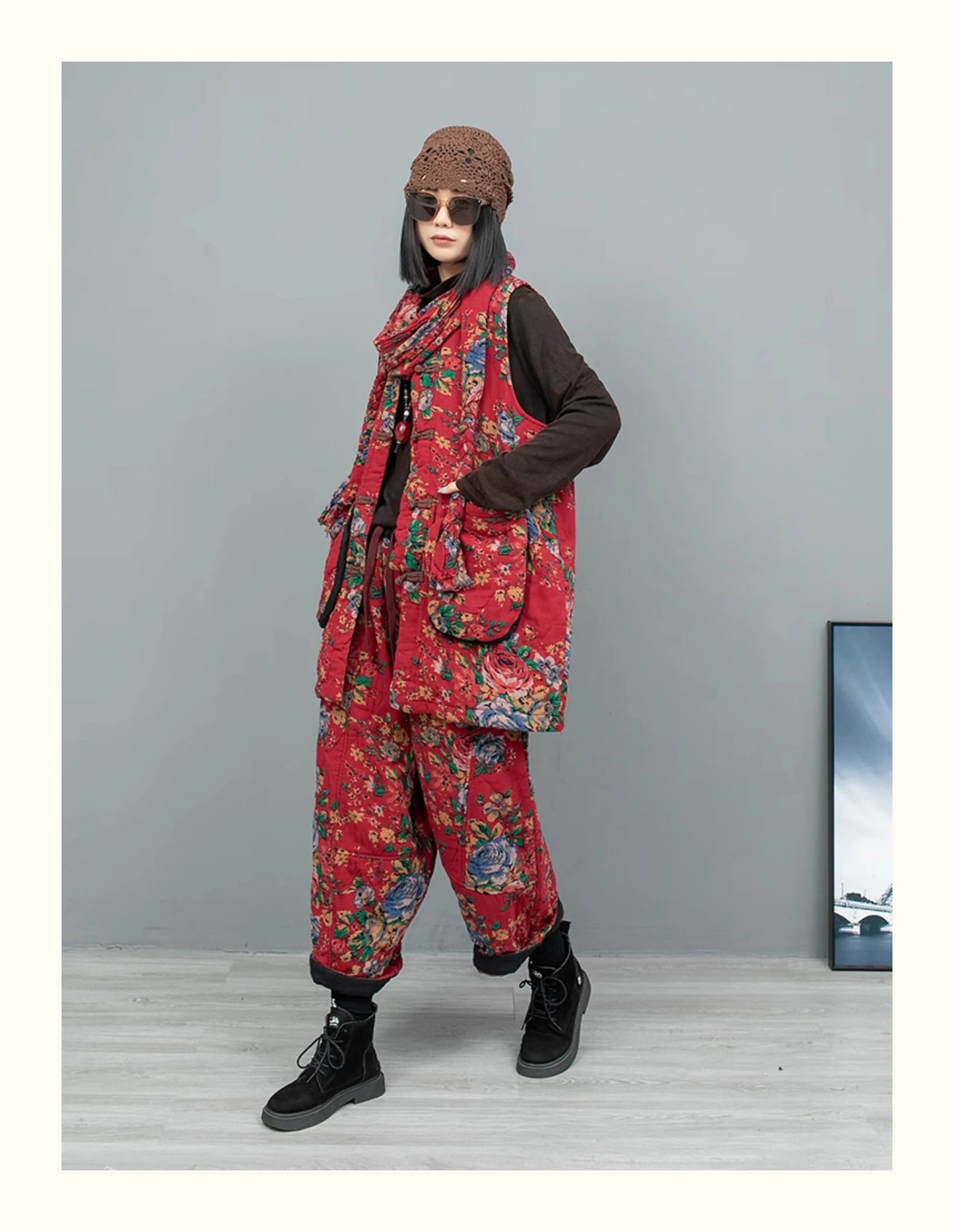 2PCS Chinese Style Floral Print Padded Clothing Set Plus Size Winter Thick Pants Suit Long Style Sleeveless Coat +Trousers