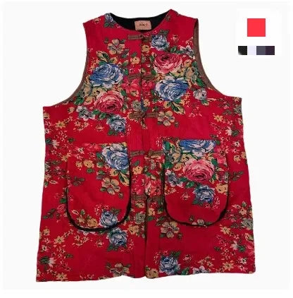 2PCS Chinese Style Floral Print Padded Clothing Set Plus Size Winter Thick Pants Suit Long Style Sleeveless Coat +Trousers