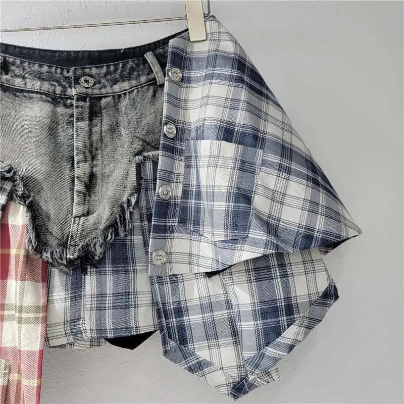 Blue Moon Fashion Patchwork Plaid Button Design Denim Skirts