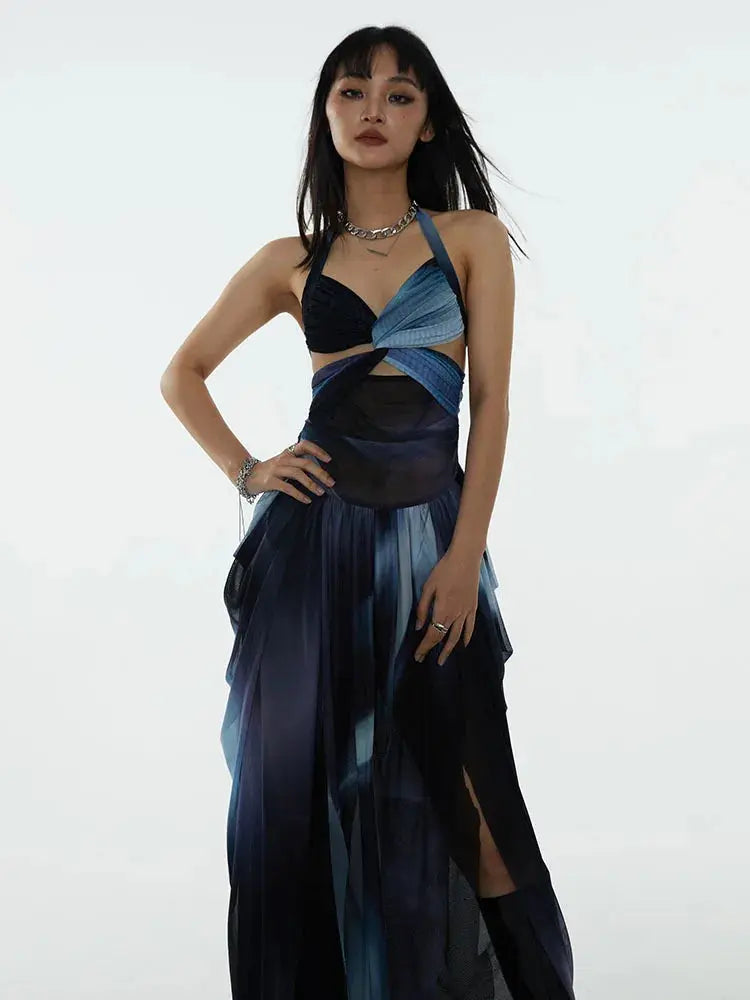 Furla Dress, Black Blue Printed Backless Dress Blue Moon Fashion House