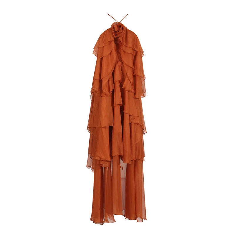 Flower Ruffles Backless Elegant Dress