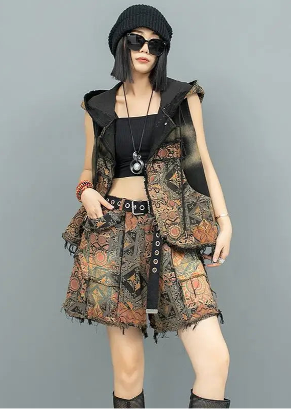 Blue Moon Fashion Women's Suit Personality Distressed Printed Denim Two-piece Set