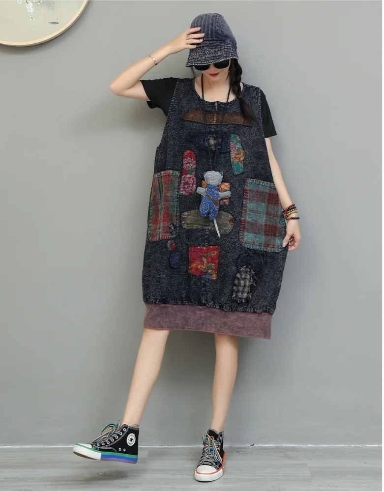 Blue Moon Fashion Vintage Patchwork Knee Length Sleeveless Dress