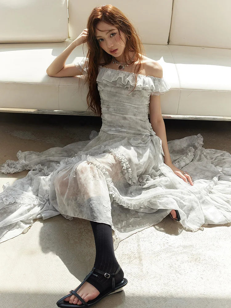 Light Gray Printed Ruffles Elegant Long Dress