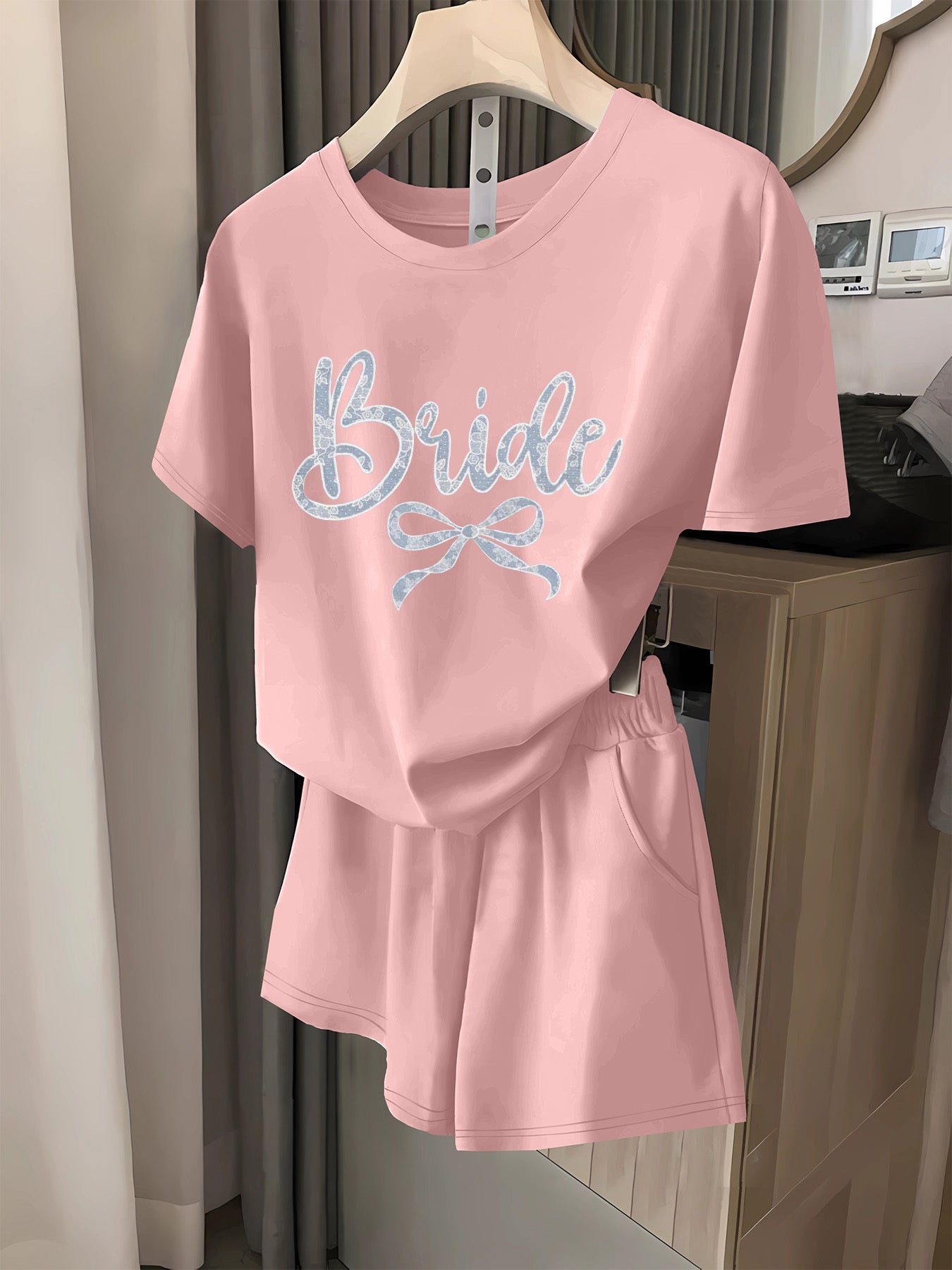 "BRIDE" Bow Print Two-Piece Set