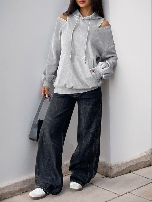 Blue Moon Fashion Long Sleeve Off-Shoulder Hooded Pullover Sweatshirt