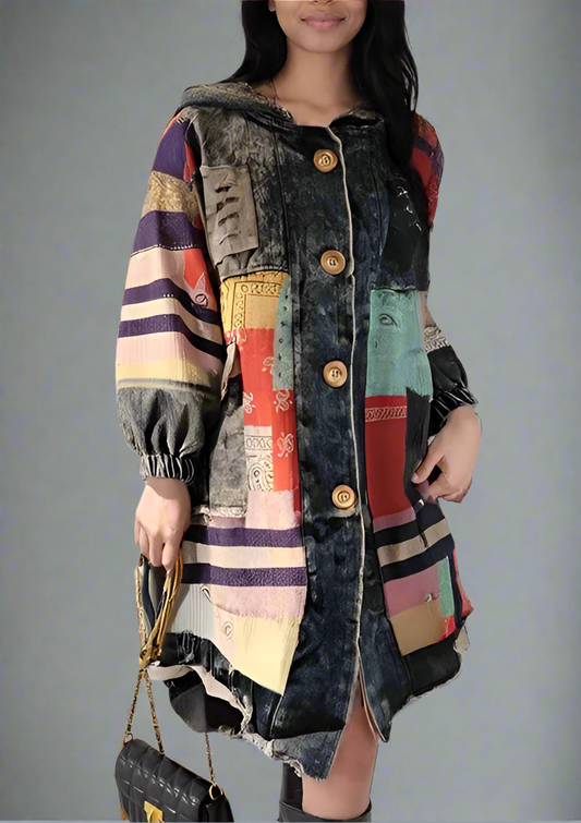 Blue Moon Fashion Irregular Patchwork Print Knit Hooded Denim Long Coat