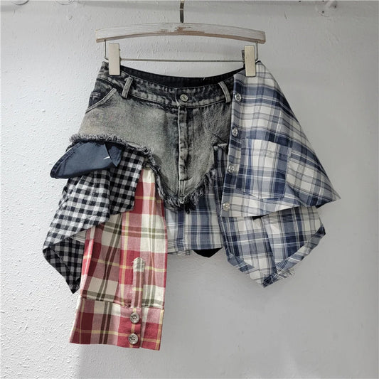 Blue Moon Fashion  Patchwork Plaid Button Design Denim  Skirts