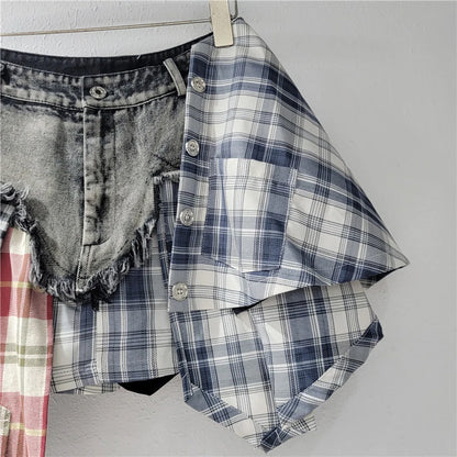 Blue Moon Fashion  Patchwork Plaid Button Design Denim  Skirts
