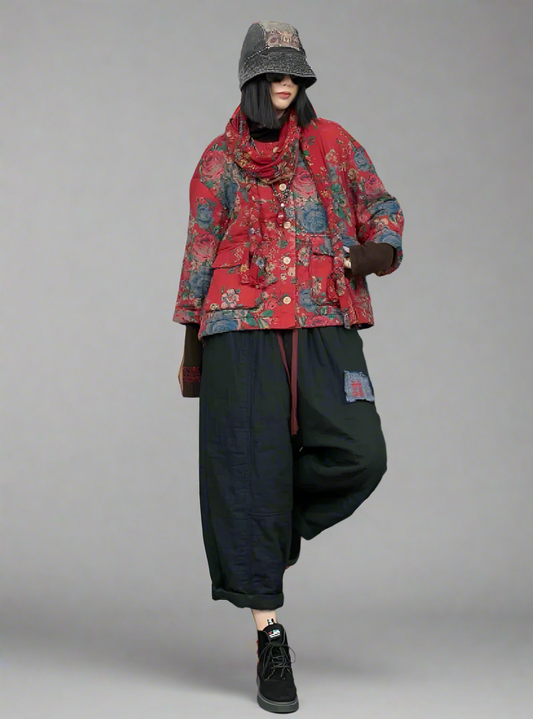 Big Flower Cotton Thick Jacket + Pant Two-piece Set Women Fashion LX2620