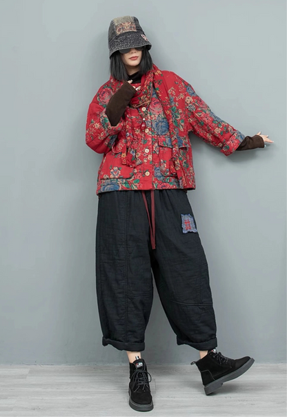 Big Flower Cotton Thick Jacket + Pant Two-piece Set Women Fashion LX2620