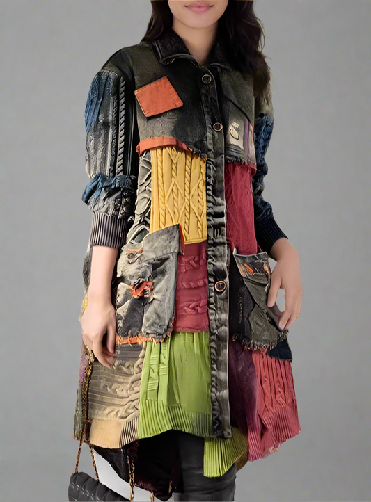 Blue Moon Fashion  Patchwork Contrast Color Knit Denim Long Jacket