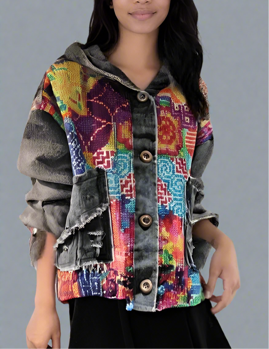 Blue Moon  Fashion Irregular Contrast Color Knit Print Hooded Denim Jacket