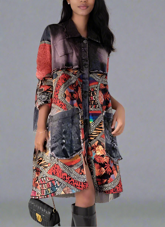 Blue Moon Fashion  Irregular Patchwork Print Denim Long Coat