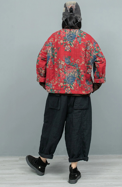 Big Flower Cotton Thick Jacket + Pant Two-piece Set Women Fashion LX2620