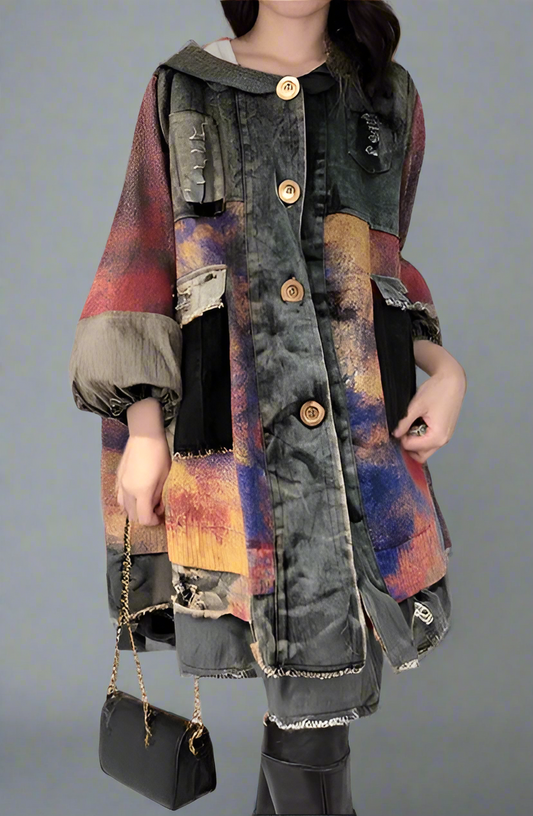 Blu Moon Fashion  Patchwork Tie Dye Print Denim Hooded Long Jacket