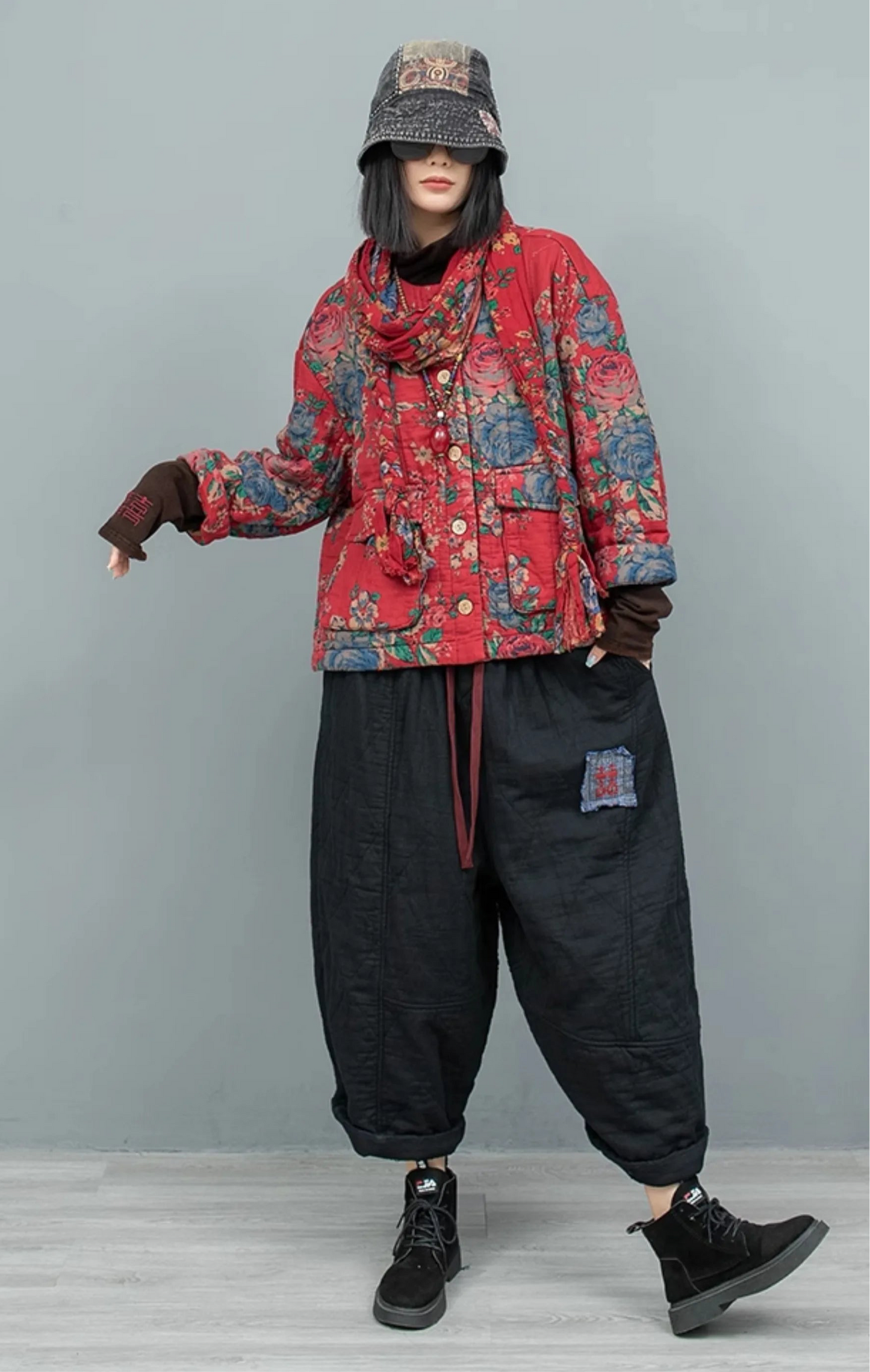Big Flower Cotton Thick Jacket + Pant Two-piece Set Women Fashion LX2620