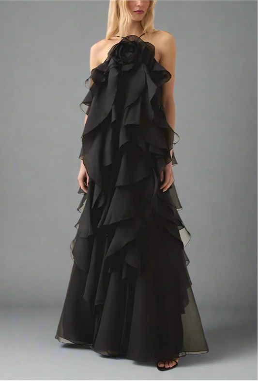 Flower Ruffles Backless Elegant Dress