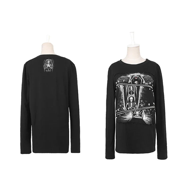 Men's Fashion Rock Casual Black 3D Printing Skull Cotton Elastic Long Top