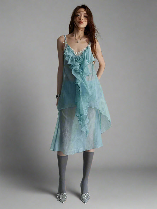 Green Ruffles Tank Top and Skirt Two Pieces Suit