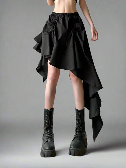 Black KN Irregular Design Ruffles Skirt