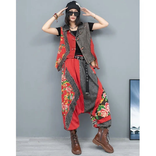Autumn Large Flower Patchwork Denim Worn-out Buckle Vest + Large Crotch Pants Two-piece Set Women LX2445
