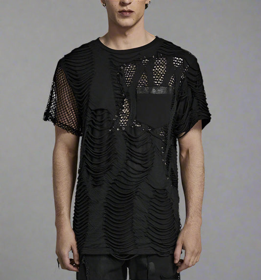 Men's  Ripped Irregular Mesh Short Sleeve T-shirt