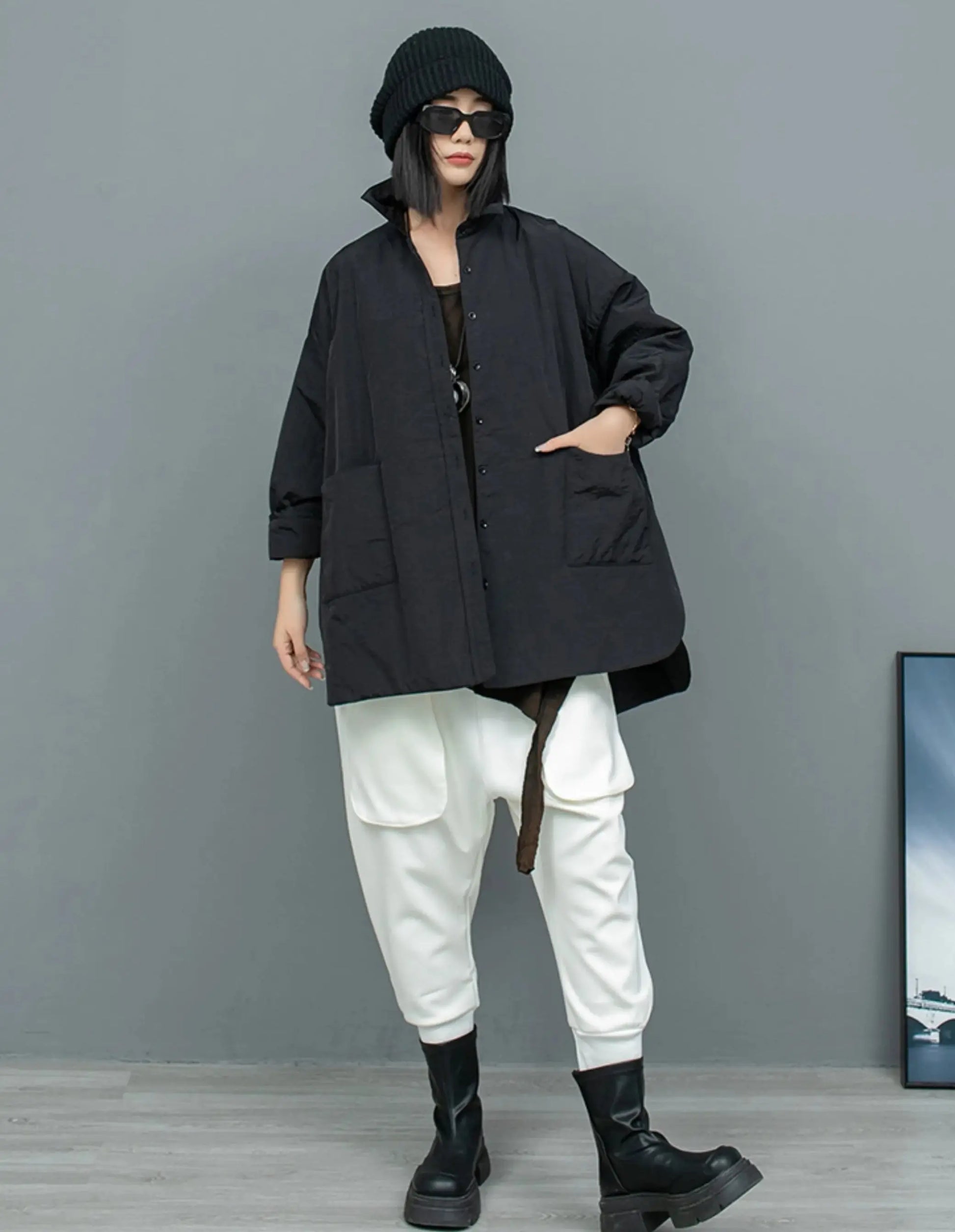 Women's  Cotton Turn-down Collar Large Pockets Midi Length Asymmetrical Jacket Blue Moon Fashion House