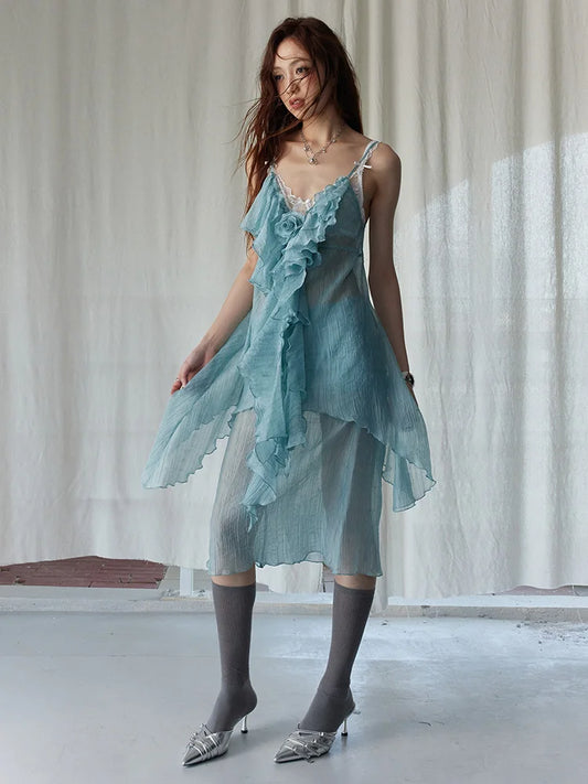 Green Ruffles Tank Top and Skirt Two Pieces Suit