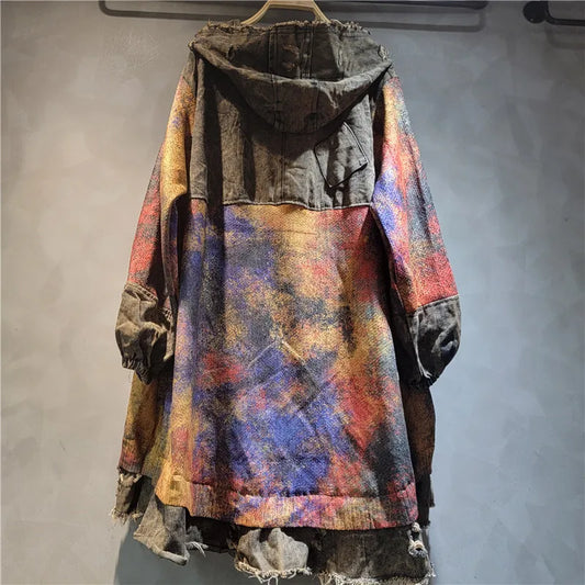 Blu Moon Fashion  Patchwork Tie Dye Print Denim Hooded Long Jacket