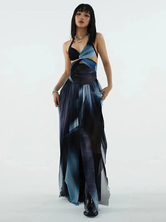 Furla Dress, Black Blue Printed Backless Dress Blue Moon Fashion House