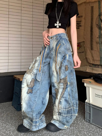 Blue Moon Fashion  Loose Jeans High Waist Wide Leg Embroidery Distressed