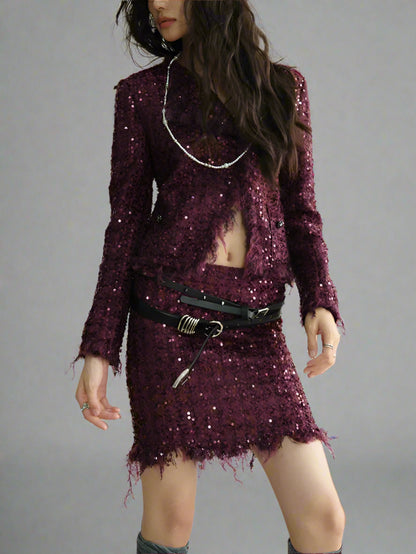 Wine Red Sequins  Two Pieces Suit