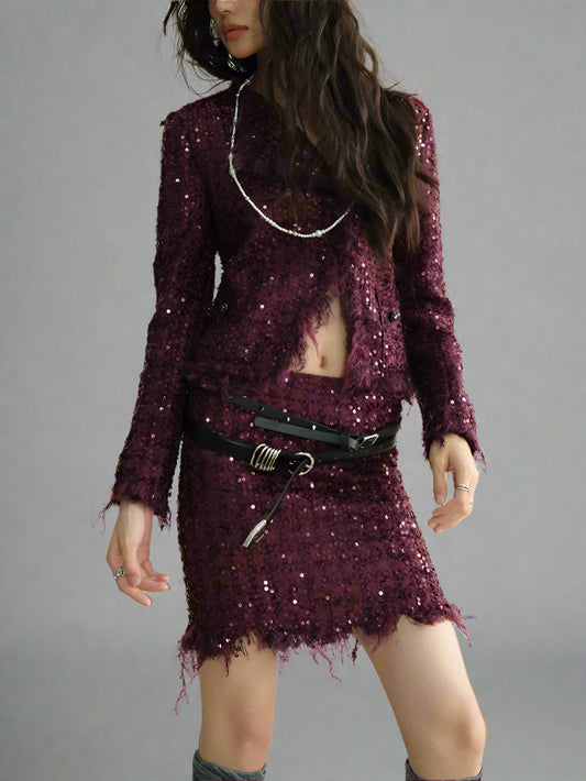Wine Red Sequins  Two Pieces Suit