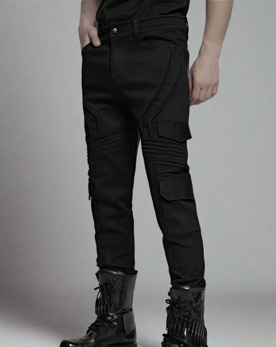 Men's Slim Denim Pants Geometric 3D Segmentation Pleats Trousers