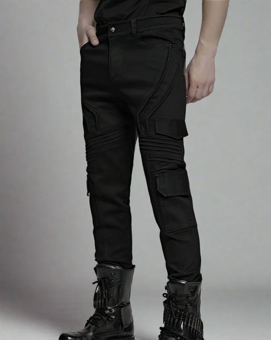 Men's Slim Denim Pants Geometric 3D Segmentation Pleats Trousers