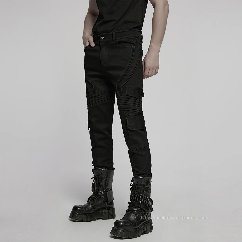 Men's Slim Denim Pants Geometric 3D Segmentation Pleats Trousers
