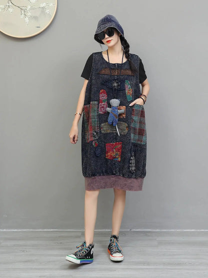 Blue Moon Fashion Vintage Patchwork Knee Length Sleeveless Dress
