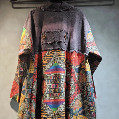 Blue Moon Fashion  Irregular Patchwork Print Denim Long Coat