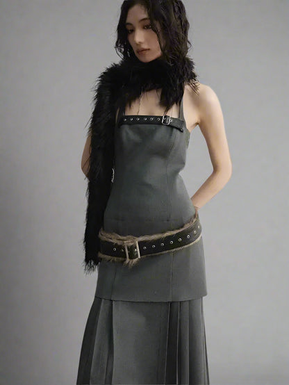 Blue Moon Fashion  Tira Leather Hem Pleated Wool Belt Dress