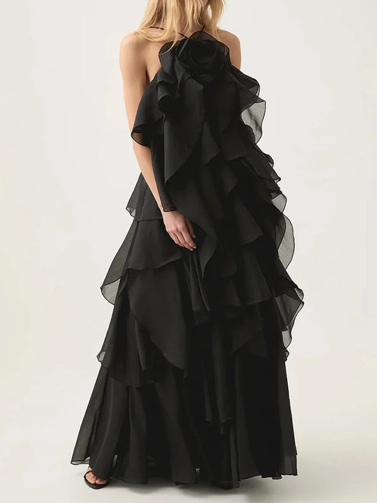Flower Ruffles Backless Elegant Dress