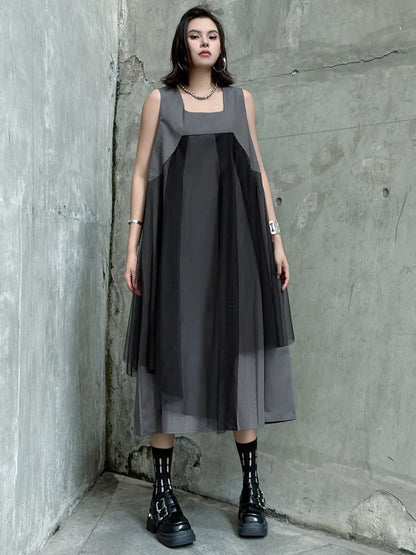 Blue Moon Fashion  Gray Mesh Color-block Big Size Midi Vest Dress